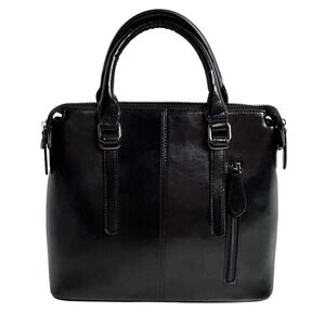 Heshe Black Leather Satchel Handbag Crossbody Tote Silver Hardware Zipper Pocket